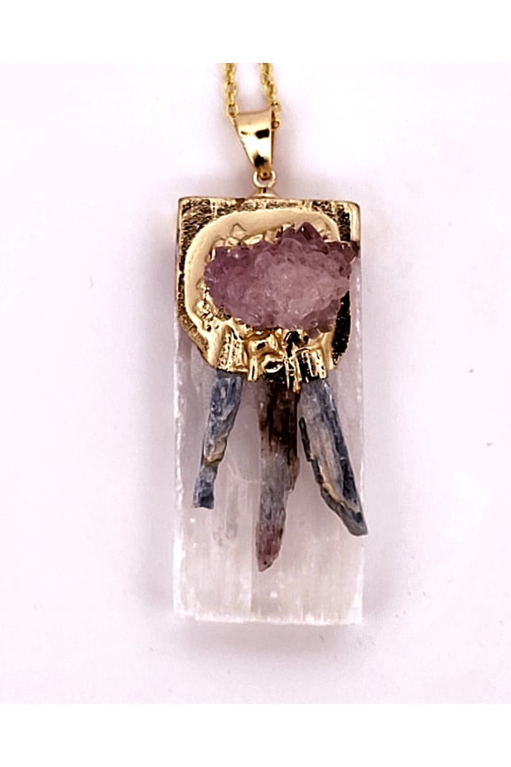 Natural Kyanite, Selenite & Pink Geode Crystal Gold Necklace NKSPGCGN