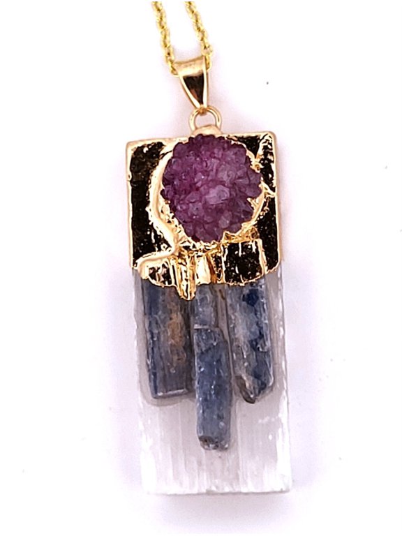 Natural Kyanite, Selenite & Purple Geode Crystal Gold Necklace NKSPUGCGN2