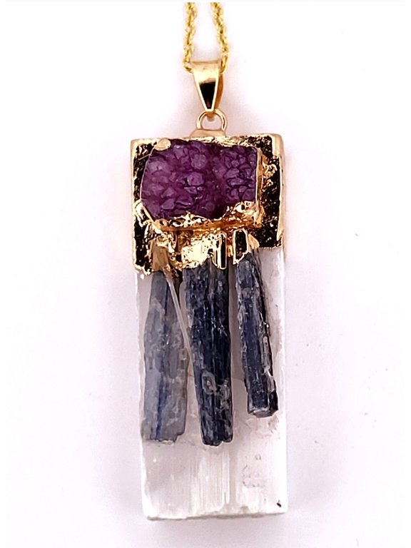 Natural Kyanite, Selenite & Purple Geode Crystal Gold Necklace NKSPUGCGN3