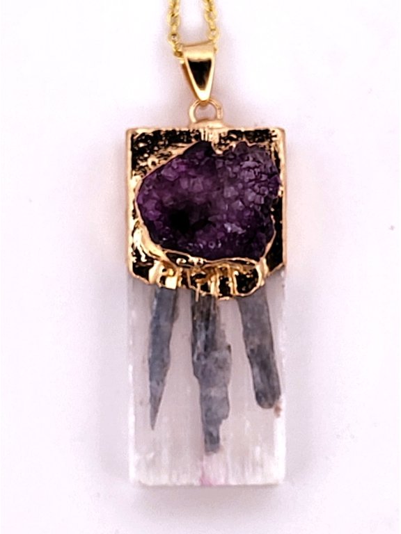 Natural Kyanite, Selenite & Purple Geode Crystal Gold Necklace NKSPUGCGN
