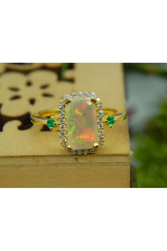 Natural Lab-Fire Opal And Emerald Gemstone Ring, 925 Sterling Silver ,14K Yellow Gold Plated for Women Fire Opal Engagement Rings