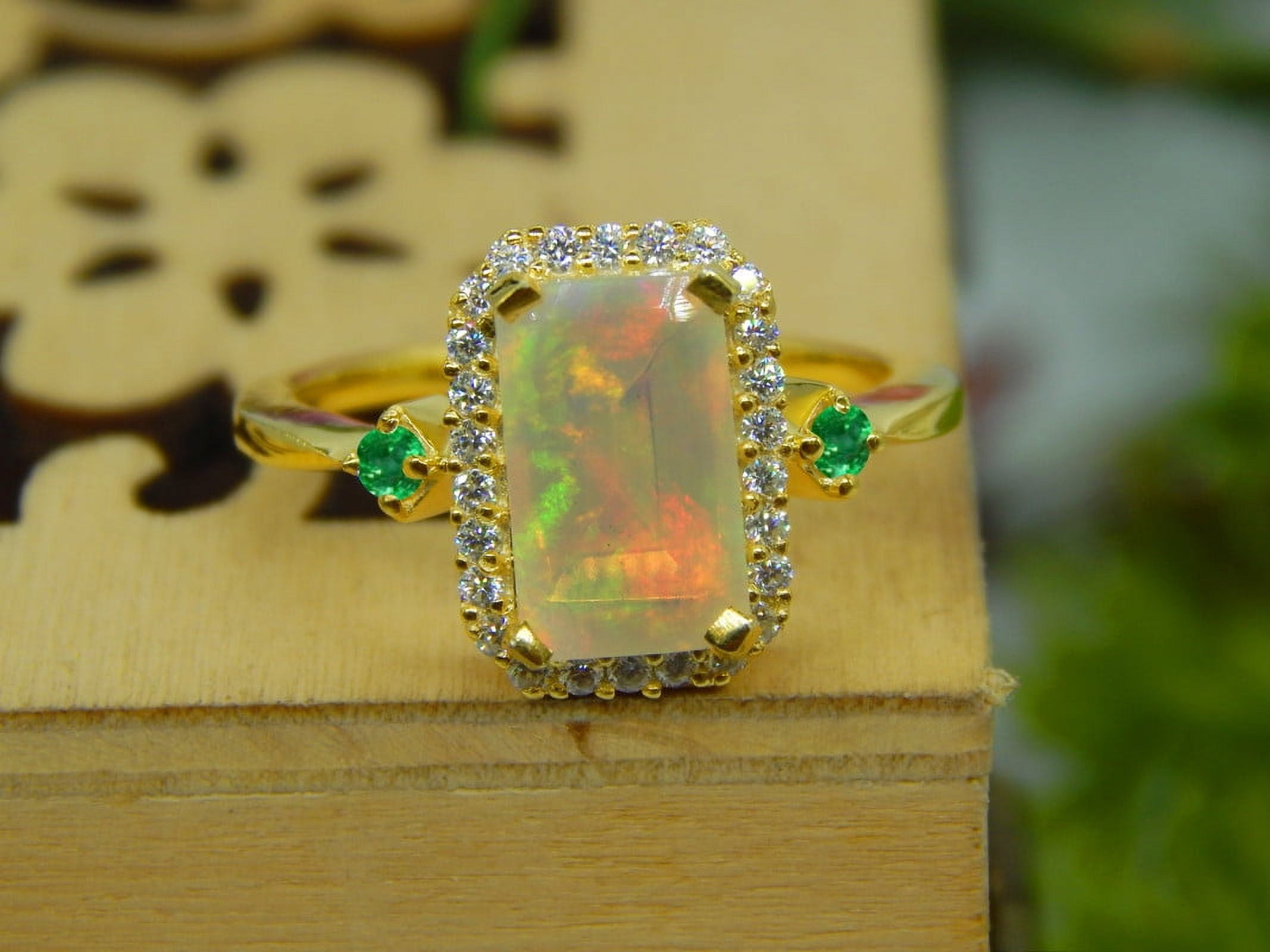 Natural Lab-Fire Opal And Emerald Gemstone Ring, 925 Sterling Silver ,14K Yellow Gold Plated for Women Fire Opal Engagement Rings