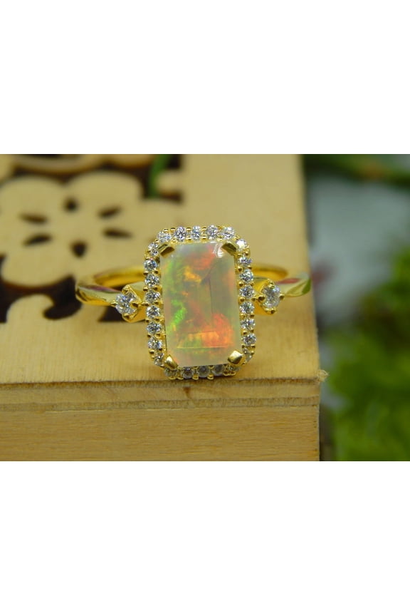 Natural Lab-Fire Opal And Moissanite Gemstone Ring, 925 Sterling Silver ,14K Yellow Gold Plated Fire Opal Engagement Rings