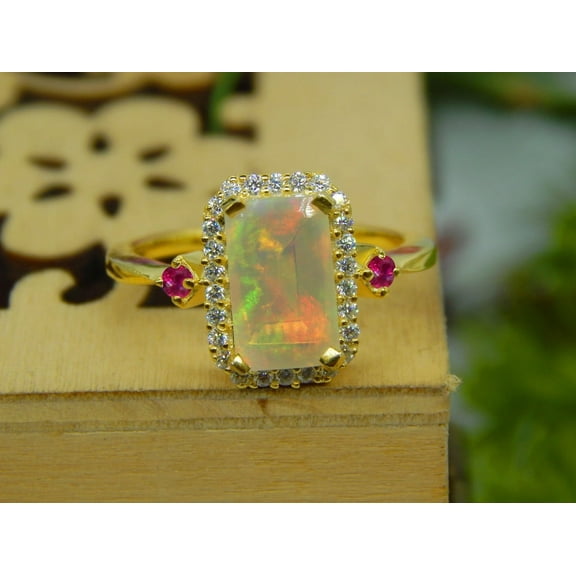 Natural Lab-Fire Opal And Ruby Gemstone Ring, 925 Sterling Silver ,14K White Gold Plated Fire Opal Engagement Rings