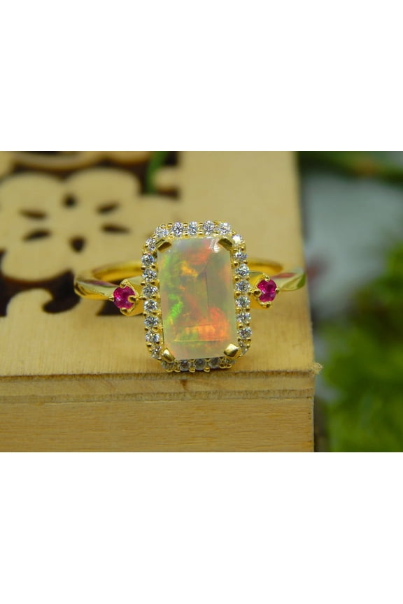 Natural Lab-Fire Opal And Ruby Gemstone Ring, 925 Sterling Silver ,14K White Gold Plated Fire Opal Engagement Rings
