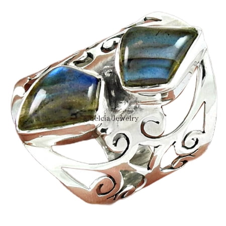 Natural Labradoratie Healing Gemstone Band Ring, Unique Designer Fine Jewelry, 2 Stone Blue Fire Stacking Ring, Statement Celtic Ring, Boho Chic Ring, June Birthstone (Labradorite, Size 7)
