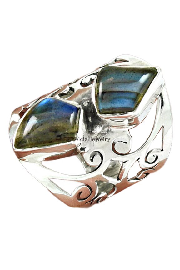Natural Labradoratie Healing Gemstone Band Ring, Unique Designer Fine Jewelry, 2 Stone Blue Fire Stacking Ring, Statement Celtic Ring, Boho Chic Ring, June Birthstone (Labradorite, Size 7)