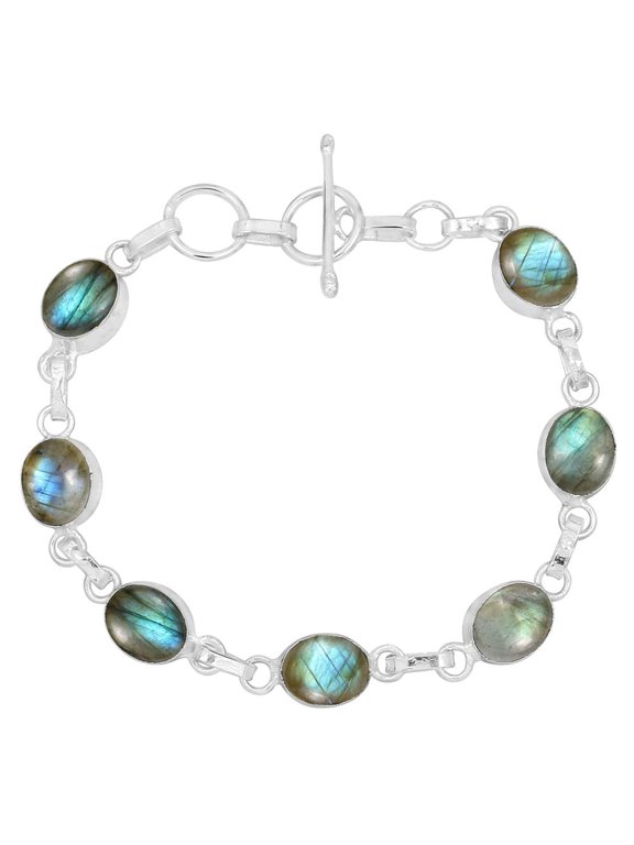 Natural Labradorite 925 Silver Plated Oval Shape Gemstones Bracelet for Women - Bohemian Handmade Adjustable Link Bracelet Women's Jewelry - Gifts for Mom Wife Sister