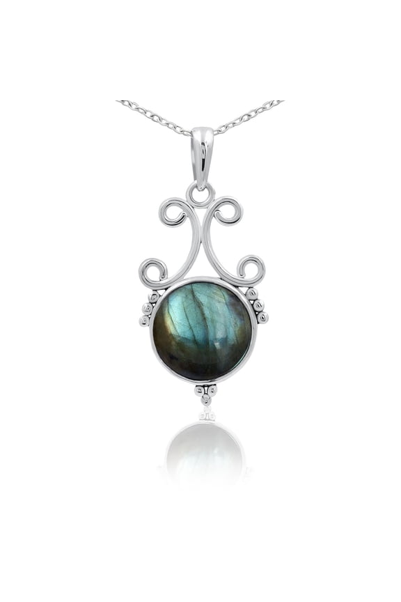 Natural Labradorite 925 Silver Plated Pendant Necklace for Women - Round Shape Gemstone Handmade Vintage Style Jewelry