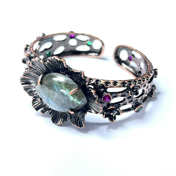 Natural Labradorite Adjustable Open Ring Antique Copper Plated Raw Crystal Statement Ring for Women, Healing Boho Jewelry