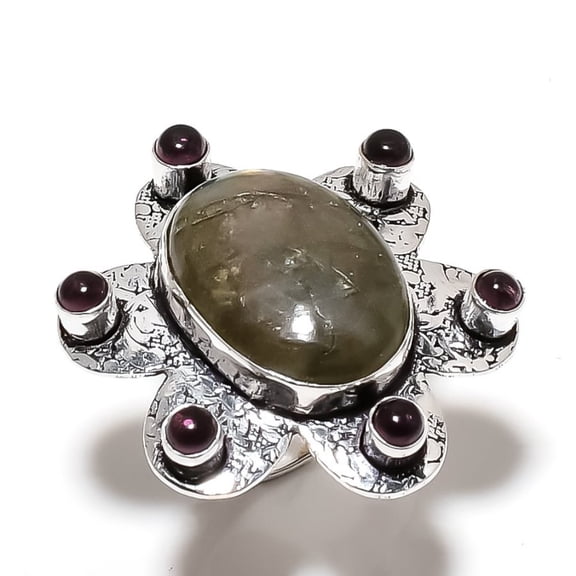 Natural Labradorite, Amethyst Gemstone 925 Sterling Silver Ring Size 7