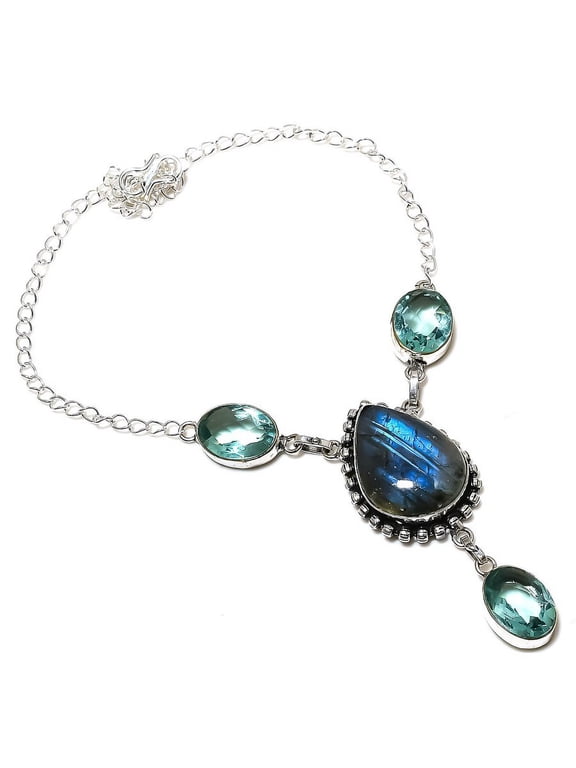 Natural Labradorite, Apatite Handmade 925 Sterling Silver Necklace 18"