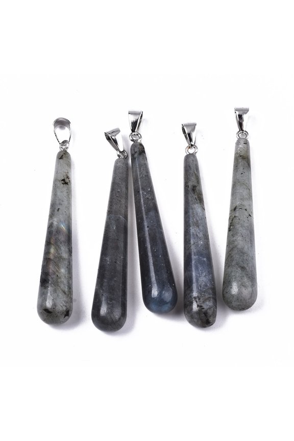 Natural Labradorite Big Pendants with Platinum Tone Iron Pinch Bail Teardrop 58.5~59.5x10mm Hole: 4x6.5mm Labradorite