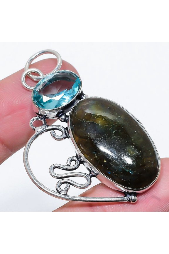 Natural Labradorite,Blue Topaz Gemstone 925 Sterling Silver Gift Pendant 2.17"