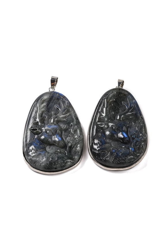 Natural Labradorite Carved Deer Big Pendants Egg Shaped Charms with Platinum Plated Rack Plating Brass Snap on Bails 53x32x8mm Hole: 5x4mm