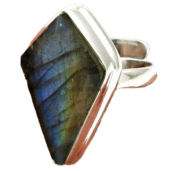 Natural Labradorite Coffin Ring, Solid 925 Sterling Silver, Wedding Ring, Blue Fire Ring, Engagement Ring For Couples, Girlfriend Boyfriend Birthday Gifts For Mom Dad, June Birthstone Size 7