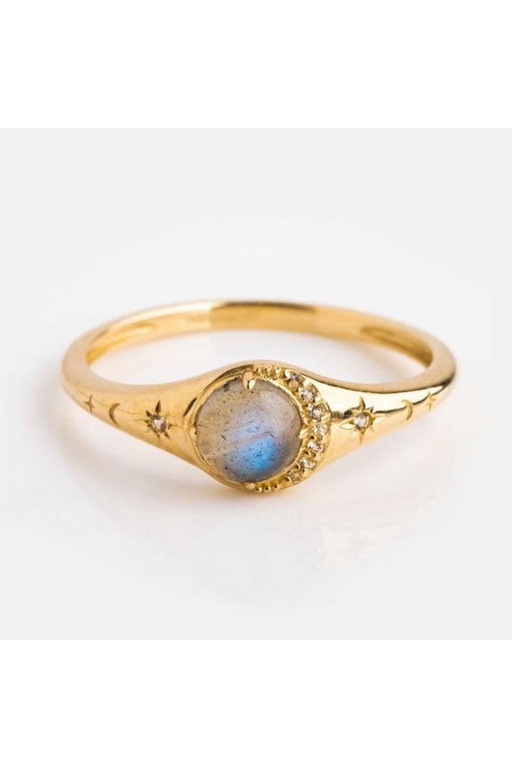 Natural Labradorite Diamond Summer jewelry Moon Crescent Wedding Ring Diamond Moon And Star Ring Minimalist Summer Gift Gift Ring For Women