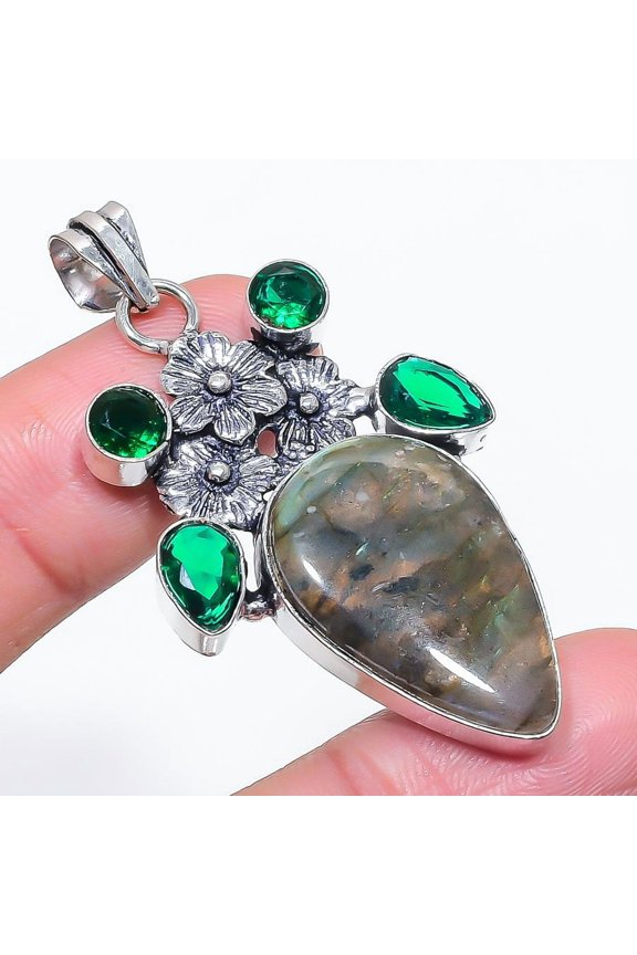 Natural Labradorite, Diopside 925 Sterling Silver Jewelry Pendant 2.17"