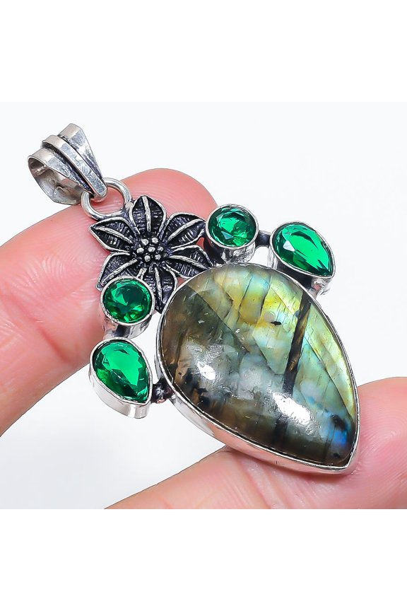 Natural Labradorite, Diopside 925 Sterling Silver Jewelry Pendant 2.29"