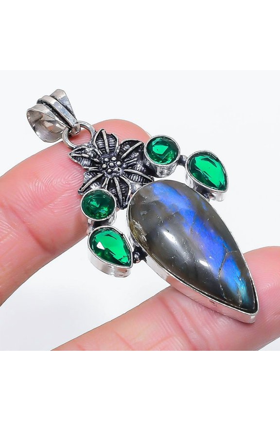 Natural Labradorite, Diopside 925 Sterling Silver Jewelry Pendant 2.32"