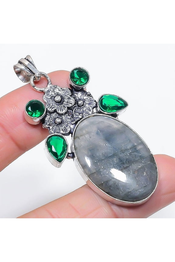 Natural Labradorite, Diopside 925 Sterling Silver Jewelry Pendant 2.36"