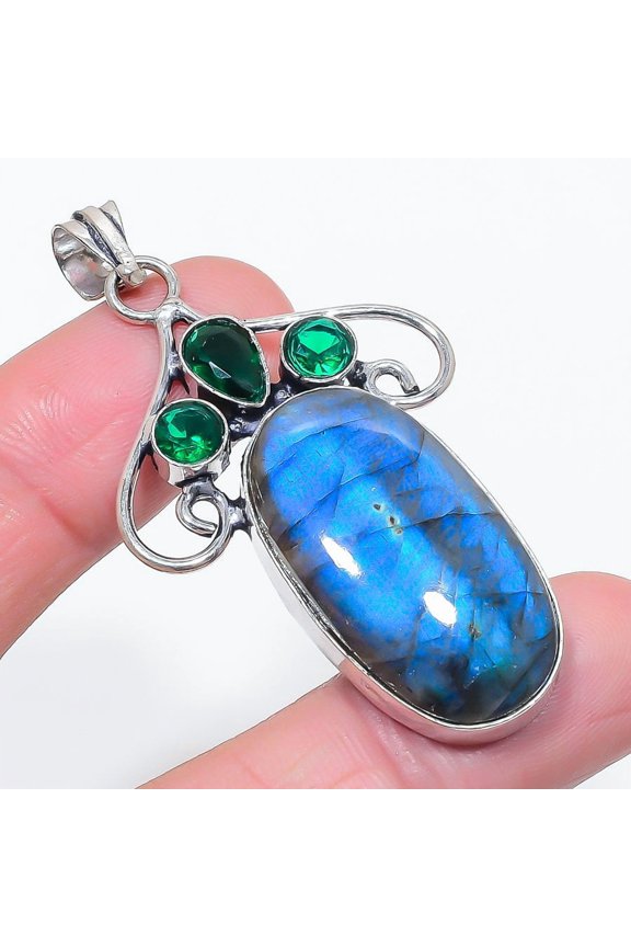 Natural Labradorite, Diopside 925 Sterling Silver Jewelry Pendant 2.40"