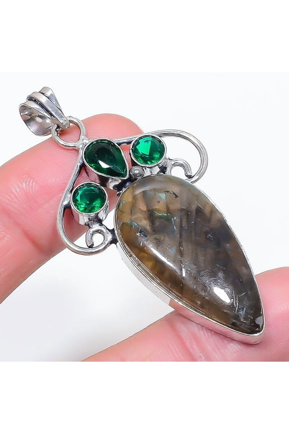 Natural Labradorite, Diopside 925 Sterling Silver Jewelry Pendant 2.48"