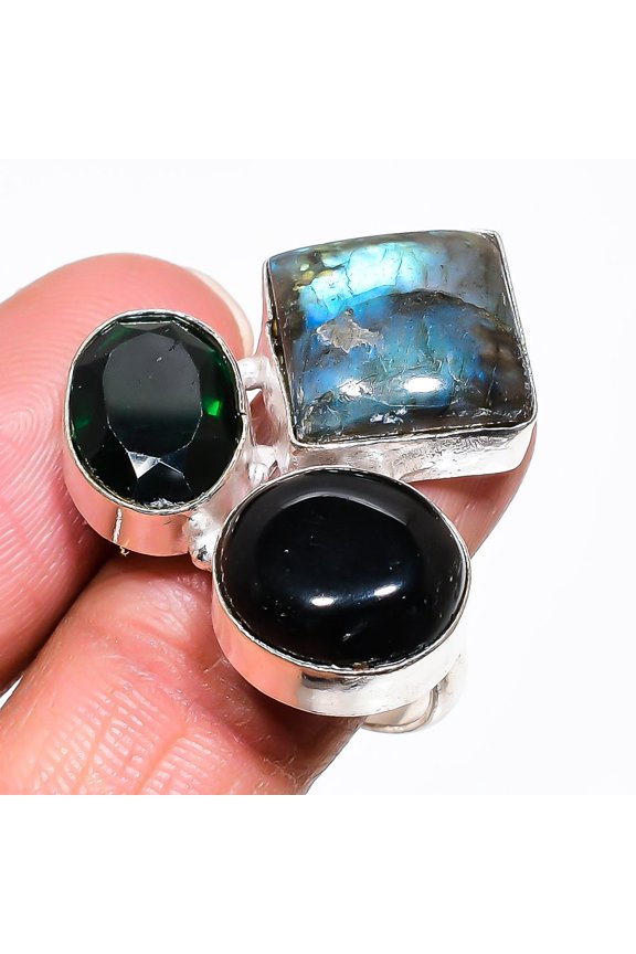Natural Labradorite, Diopside 925 Sterling Silver Jewelry Ring Size 9