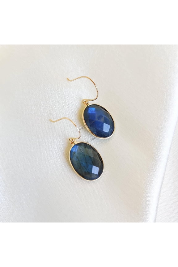 Natural Labradorite Earrings, 14K Solid Yellow Gold Labradorite Earrings, August Birthstone Earring, Bezel Earring, Blue Labradorite Jewelry