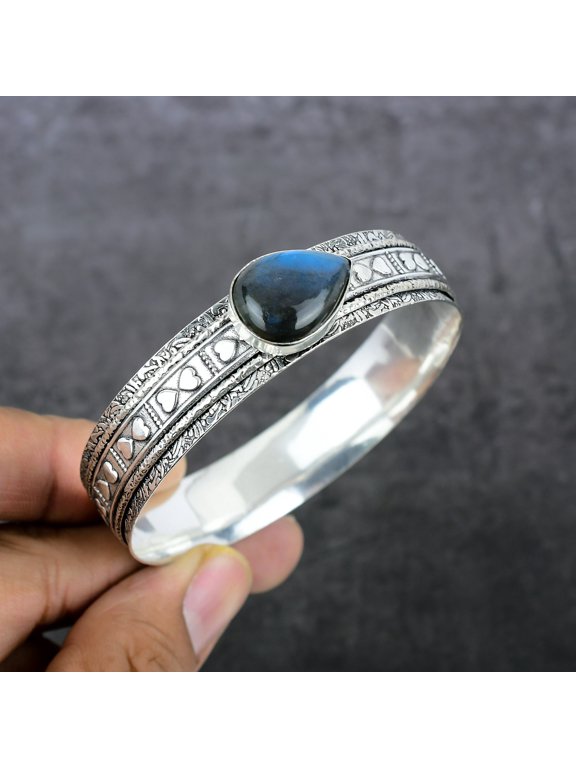 Natural Labradorite Gemstone 925 Sterling Silver Cuff Bangle Adjustable