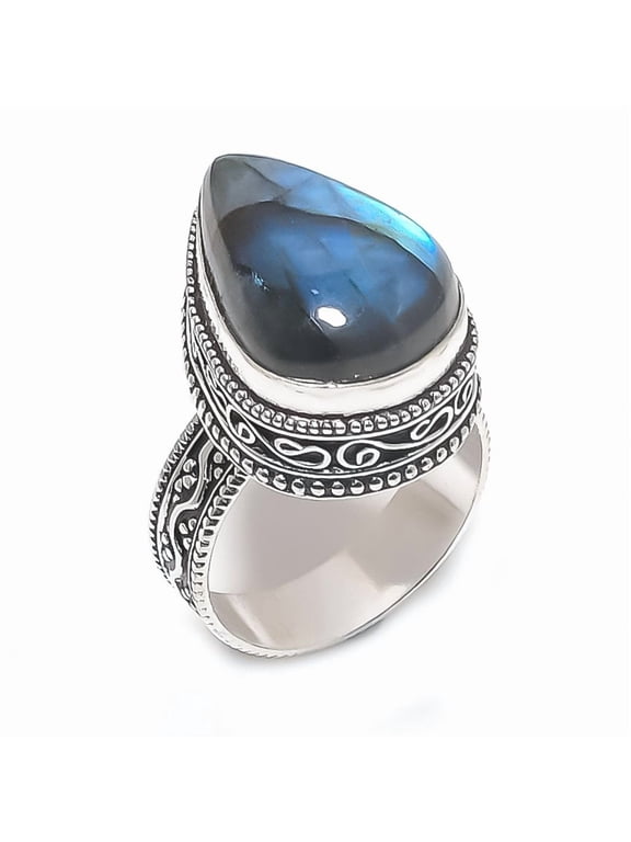 Natural Labradorite Gemstone 925 Sterling Silver Jewelry Ring Size 10.5