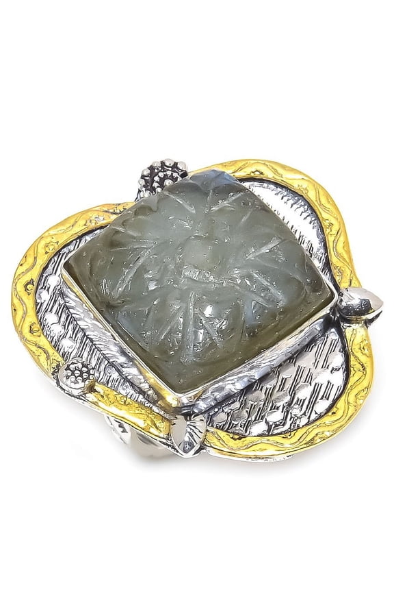 Natural Labradorite Gemstone 925 Sterling Silver Two Tone Ring Size 9