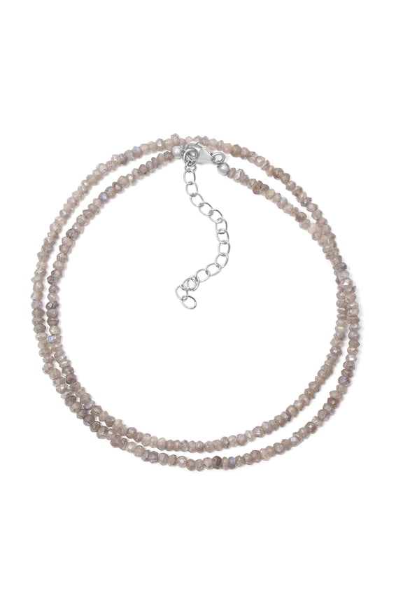 Natural Labradorite Gemstone Beaded Necklace, 3mm Faceted Rondelle Beads, Handmade Gray Labradorite Beaded Jewely, 925 Sterling Silver Clasp and extension