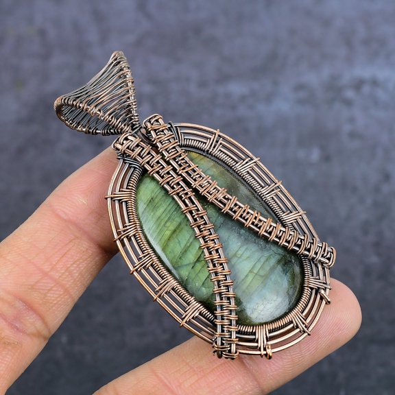 Natural Labradorite Gemstone Copper Eire Wrap Jewelry Pendant 2.96"