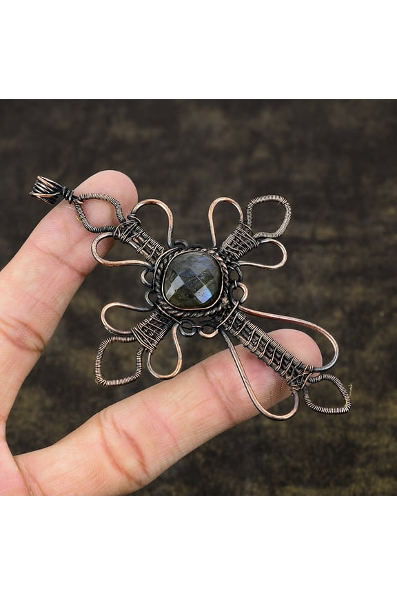 Natural Labradorite Gemstone Copper Wire Wrap Gift Cross Pendant 3.98