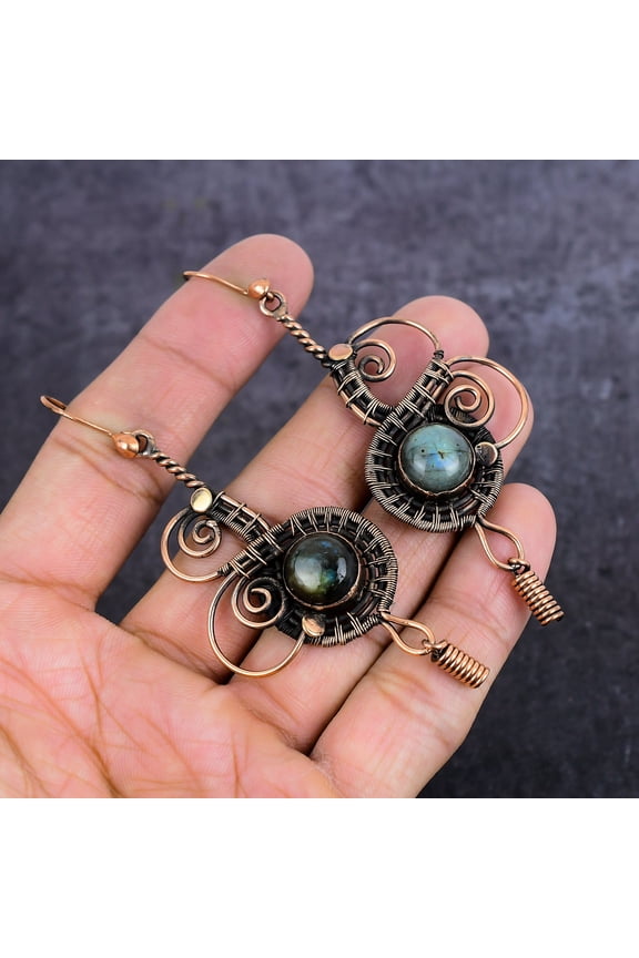 Natural Labradorite Gemstone Copper Wire Wrap Jewelry Earring 3.59"