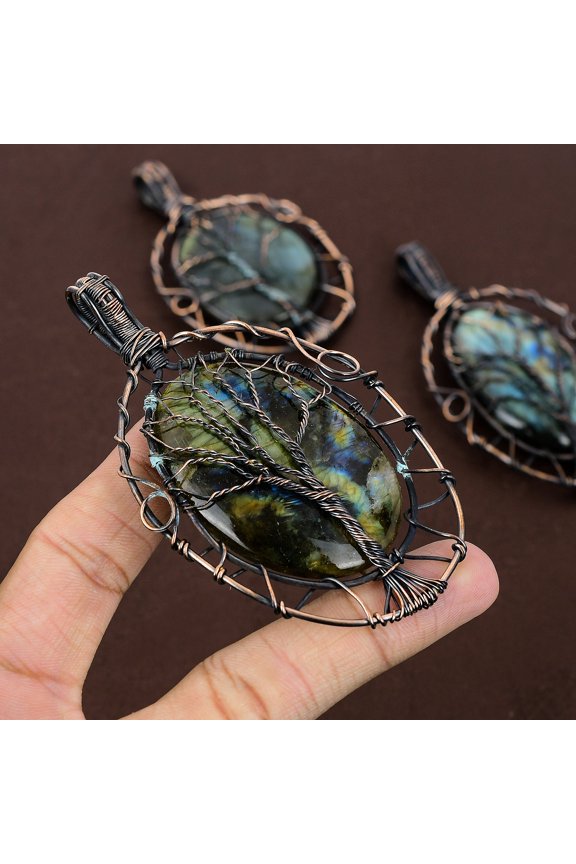 Natural Labradorite Gemstone Copper Wire Wrap Tree Of Life Pendant 3.86"