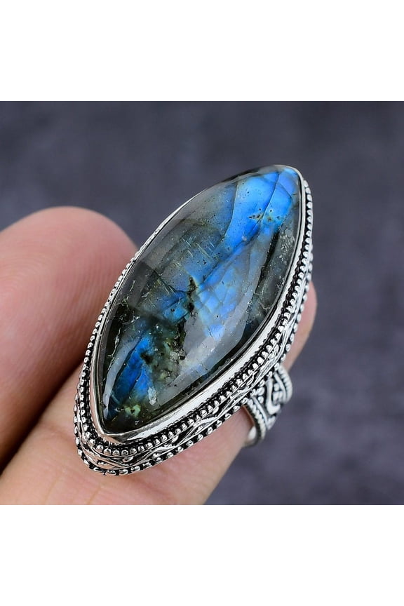 Natural Labradorite Gemstone Handmade 925 Sterling Silver Jewelry Ring S.8