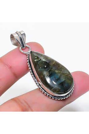 Natural Labradorite Gemstone Handmade 925 Sterling Silver Pendant 1.85"