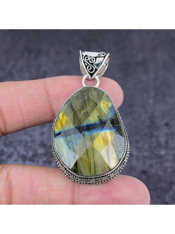 Natural Labradorite Gemstone Handmade 925 Sterling Silver Pendant 2.17"
