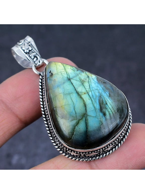 Natural Labradorite Gemstone Handmade 925 Sterling Silver Pendant 2.21"