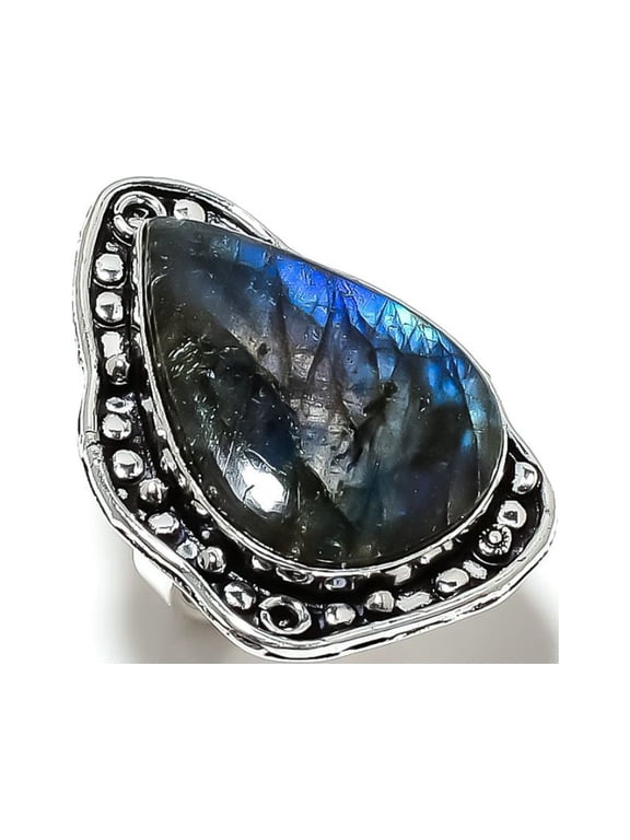 Natural Labradorite Gemstone Handmade 925 Sterling Silver Ring Size 10