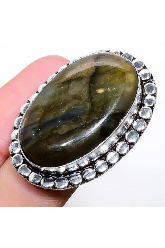 Natural Labradorite Gemstone Handmade 925 Sterling Silver Ring Size 6.5