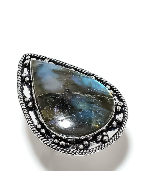 Natural Labradorite Gemstone Handmade 925 Sterling Silver Ring Size 7