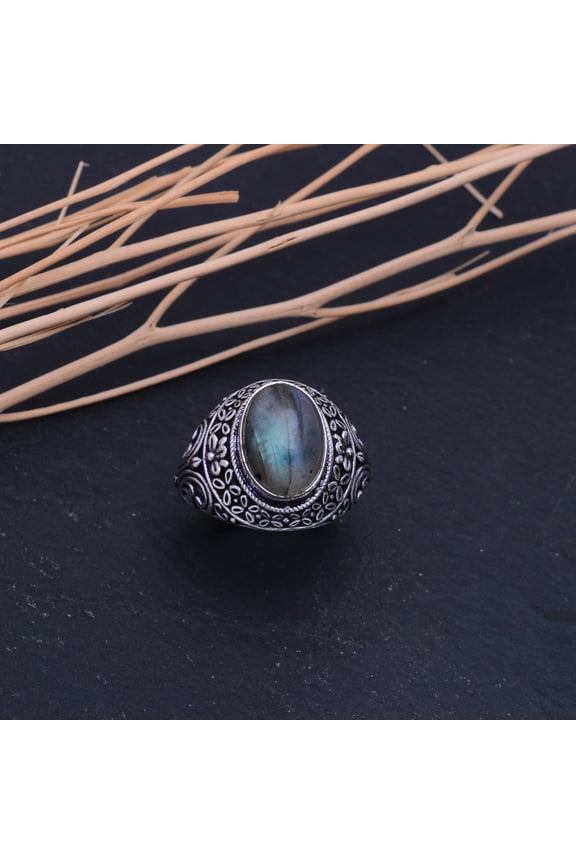 Natural Labradorite Gemstone Handmade 925 Sterling Silver Ring Size 8.75