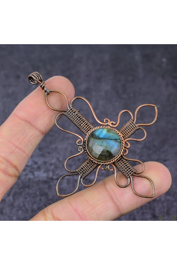 Natural Labradorite Gemstone Handmade Copper Cross Wire Wrap Pendant 3.15"