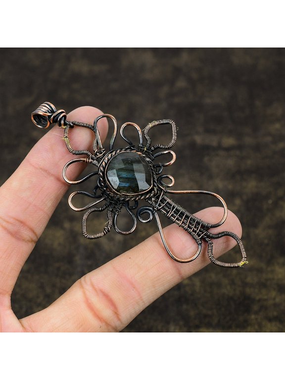 Natural Labradorite Gemstone Handmade Copper Wire Wrap Cross Pendant 3.7
