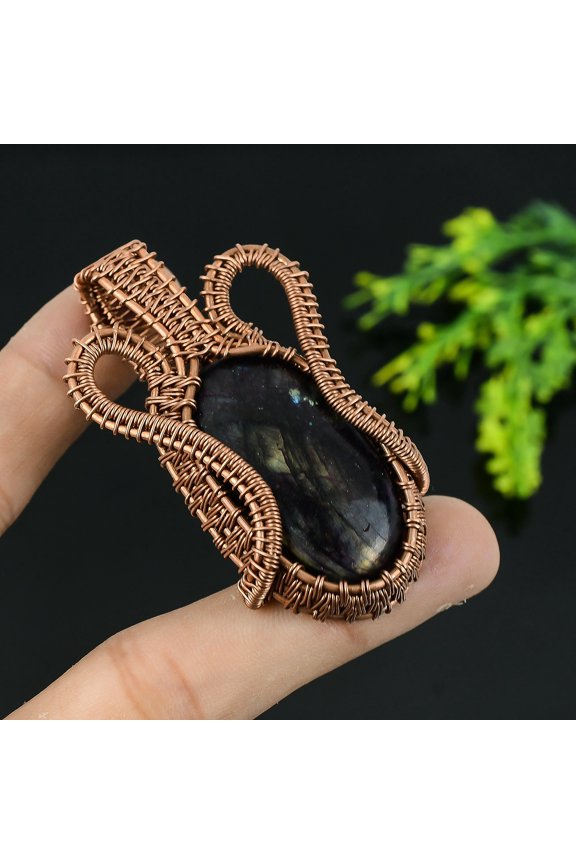 Natural Labradorite Gemstone Handmade Copper Wire Wrap Gift Pendant 2.25
