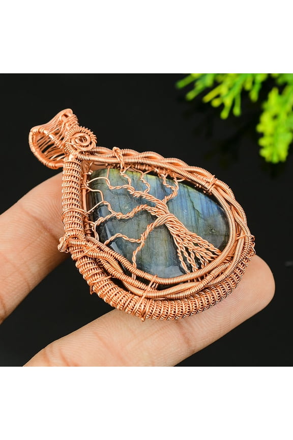 Natural Labradorite Gemstone Handmade Copper Wire Wrap Gift Pendant 2.25