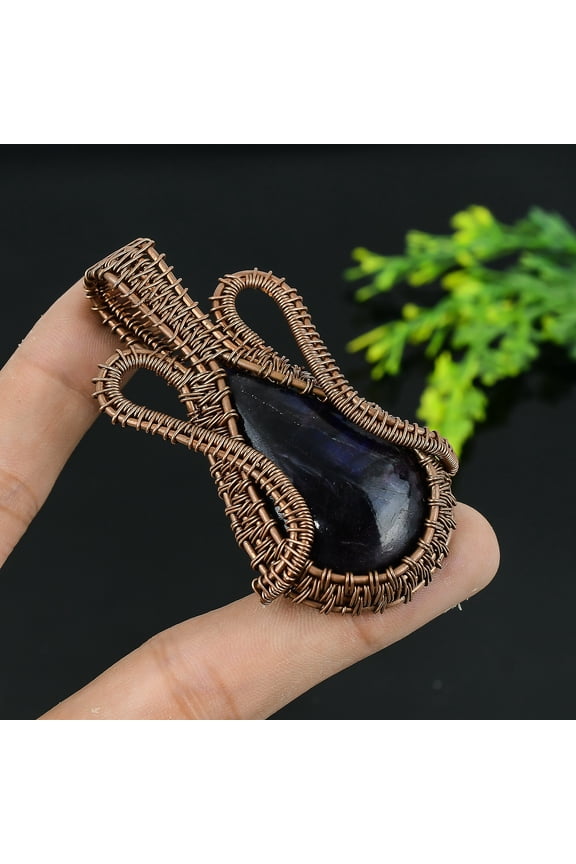Natural Labradorite Gemstone Handmade Copper Wire Wrap Gift Pendant 2.75